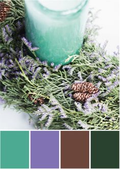 a green candle surrounded by purple flowers and pineconis on a white background with color swatches