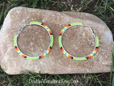 Lime Green With Native Colors Beaded 2 Inch Hoop Earrings - Etsy Tee Pee, Black Hoops Earrings, Anklet Designs, Beaded Anklets, Delica Beads, Large Hoop Earrings, Beaded Hoop Earrings, Beaded Hoops, Jewelry Earrings Hoops