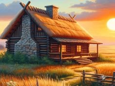 a painting of a log cabin in the middle of a field at sunset or sunrise