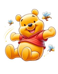 a cartoon winnie the pooh character with honeybees flying around it's back