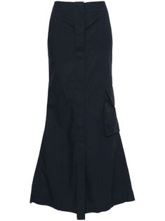 navy blue stretch-cotton poplin texture A-line belt loops two diagonal pockets to the sides side cargo pocket two rear welt pockets decorative button detailing straight hem unlined concealed front button placket Navy Work Skirt With Pockets, Navy Workwear Skirt With Pockets, Relaxed Work Skirt With Multiple Pockets, Relaxed Fit Long Cargo Skirt For Work, Relaxed Long Cargo Skirt For Work, Cotton Workwear Skirt With Multiple Pockets, Cotton Work Skirt With Multiple Pockets, Bohemian Wedding Guest, Yoko London