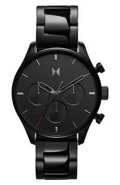 This sleek, modern watch with polished accents is cleanly styled with slender cutout hands, alternating stick indexes and a pop of red on the second hand. 42mm case Deployant clasp closure Quartz movement Mineral crystal face Stainless steel with ionic plate Imported Modern Black Stainless Steel Chronograph Watch, Sleek Black Business Watch, Sleek Black Watch For Business, Modern Matte Black Quartz Watch, Matte Black Modern Quartz Watch, Modern Matte Black Watch Accessories With Subdials, Modern Black Watch Bands For Business, Modern Black Watch With Subdials, Modern Black Watch Accessories With Subdials