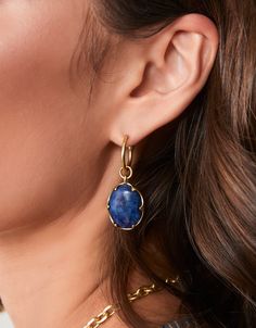 These Coralie Earrings will have you feeling anything but blue, featuring a unique natural blue stone exquisitely set in an 18kt matte gold plated setting. Bonus, remove the drop for a simple gold hoop. 2-looks-in-1! Please note: This design features natural stones and each piece is one-of-a-kind. Colors and patterns may vary slightly from the image shown. Nora Fleming Minis, Spartina 449, The Drop, Candle Diffuser, Earrings Blue, Accessories Jewelry Earrings, Sunglasses Branding, Blue Earrings, Winter Accessories