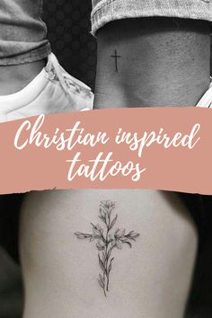 two people with tattoos on their legs and the words christian inspired tattoos written in white ink