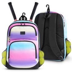 This colorful tennis backpack for women has three thermal insulation pockets and keep your drink cold. You also can use for badminton, squash and pickleball etc., Multicolor Sporty Bags For Sports, Multicolor Sports Backpack, Blue Multifunctional Sports Bag, Tennis Bags Backpacks, Racket Bag Tennis, Tennis Backpack, Kids Tennis, Tennis Bag, Gear Organizer