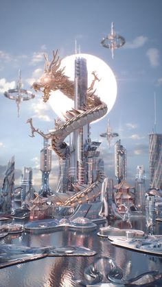 futuristic cityscape with flying creatures and skyscrapers