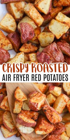 crispy roasted air fryer red potatoes on a white plate with a wooden spoon