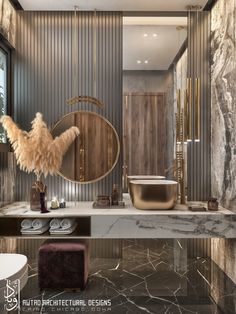 an elegant bathroom with marble floors and walls, along with a large round mirror on the wall