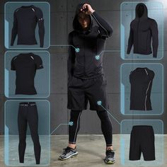 Elevate your workout wardrobe with our high-quality gym fitness clothing. Designed to provide maximum comfort and style, our collection will keep you looking and feeling your best during any workout. Made with breathable materials, our fashionable pieces are perfect for even the sweatiest of sessions. Upgrade your gym wardrobe today! Product Features Details: Fabric: polyester 92% - commonly used sports fabric spandex 8% - elastic fibers Function: Dry Fit, Breathable, Absorb Sweat, High Elastic; Compression Sportswear, Compression Clothing, Sport Clothes, Gym Tights, Gym Outfit Men, Tracksuit Men, Sport Shirts, Mens Compression, Training Clothes