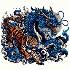 Dragon Tiger Tattoo, Blue Dragon Tattoo, Tiger And Dragon, Ink Tattoo Design, Red Tattoo Ideas, Red Ink Tattoo, Tiger Dragon, Red Tattoo, Samurai Artwork