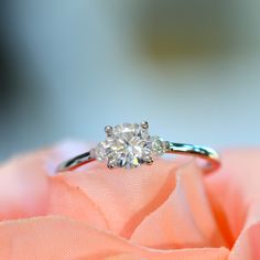 a diamond ring sitting on top of a pink rose