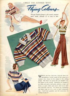 an old advertisement for women's clothing from the 1950's, featuring striped sweaters and wide legged pants