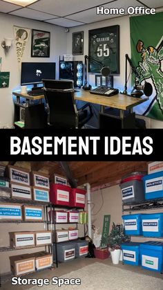 the basement is filled with storage boxes and desks