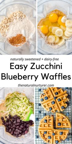 blueberry waffles, bananas, and other ingredients are shown in this collage