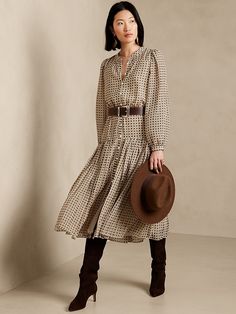 Long Dresses With Sleeves Casual, Fall Dress With Boots, Midi Dress With Boots, Classic Fall Dresses, Thanksgiving Dresses, Fall Midi Dress, Banana Republic Style, A Line Midi Dress, Recycled Textiles