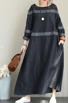 Vintage Black Denim Maxi Dresses Women Fall Clothes Casual Black Long Sleeve Maxi Dress, Black Cotton Long Sleeve Maxi Dress, Black Long Sleeve Cotton Maxi Dress, Navy Casual Dress With Pockets, Black Long Sleeve Maxi Dress With Pockets, Casual Long Sleeve Dark Colored Dress, Indigo Long Sleeve Dress For Fall, Casual Black Long Sleeve Denim Dress, Black Long Sleeve Denim Dress For Fall