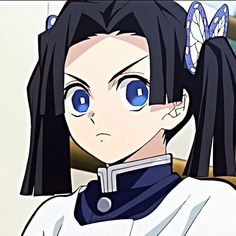 an anime character with blue eyes and long black hair looking at the camera while standing in front of a window