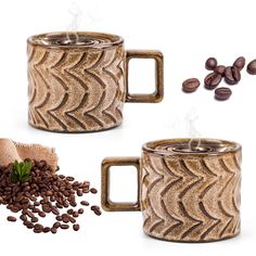 two coffee mugs with steam rising out of them next to some coffee beans on a white background