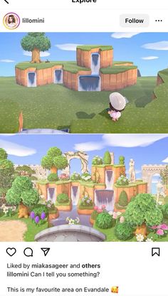 two screens showing the same scene in animal crossing, and one shows an image of a waterfall