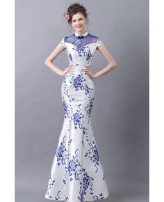 Buy Vintage Blue And White Tight Formal Dress With Printed Floral at wholesale price online. Free shipping and pro custom service since 2009. Tight Formal Dress, Tight Formal Dresses, Chinese Style Wedding Dress, Elegant Dresses Modest, Chinese Prom Dress, Long White Wedding Dress, White Ball Gowns, Chinese Wedding Dress, White Lace Wedding Dress