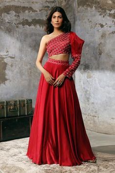 Shop for Dheeru Taneja Satin Embroidered One Shoulder Gown for Women Online at Aza Fashions Long Blouse Designs, Bandhani Dress, Lehenga Designs Simple, Traditional Indian Dress, Off Shoulder Dresses, One Shoulder Gown, Indian Gowns, Party Wear Indian Dresses, Dress Indian Style