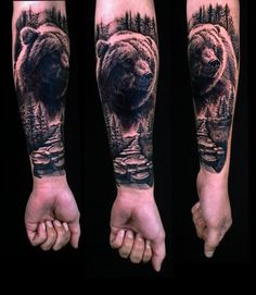 three different views of a bear on the right arm and left arm, with trees in the background