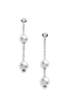 Mikimoto 'Pearls in Motion' Akoya Cultured Pearl Earrings | Nordstrom Luxury Pearl Drop Dangle Diamond Earrings, Luxury Pearl Dangle Earrings With Diamond Accents, Classic Pearl Linear Earrings For Formal Events, Classic Pearl Linear Earrings For Formal Occasions, Classic White Gold Earrings With Pearl Chain, Classic Formal Bridal Earrings With Pearl Chain, Fine Jewelry Pearl Drop Dangle Diamond Earrings, Formal Pearl Embellished Dangle Jewelry, Anniversary White Gold Pearl Chain Earrings