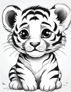 a black and white drawing of a tiger cub