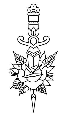 a drawing of a dagger with roses and leaves around it, on a white background