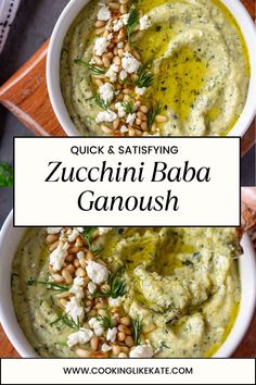 two white bowls filled with zucchini baba and garnish