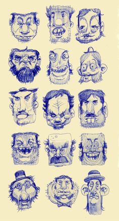 a bunch of different faces drawn in blue ink