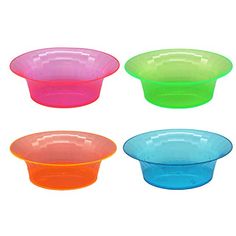 four different colored plastic bowls sitting next to each other