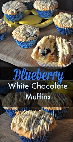 blueberry white chocolate muffins on a cutting board with the title above it