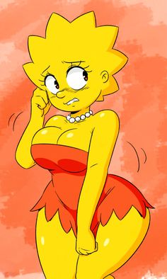 the simpsons character is wearing a red dress and holding her hand up to her ear