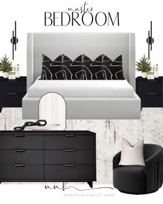 a bedroom with black and white furniture and accessories