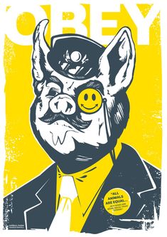 a pig wearing a hat and tie with the words obey written in yellow on it