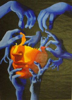 hands reaching for an orange piece of fruit in the shape of a human body, with blue and yellow paint on it