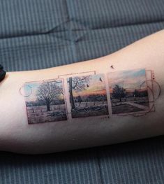 three pictures on the arm of a person with a tattoo that has trees in them