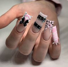 not mine ♡. Punk Nails, Girly Acrylic Nails, Dope Nail Designs, Y2k Nails, Exotic Nails, Sims4 Clothes, Long Square Acrylic Nails, Kawaii Nails, Pink Acrylic Nails