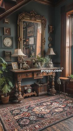 an ornately decorated room with blue walls and antique furniture, including a large rug