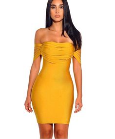 Step out in style this season with this off shoulder bandage strap bodycon dress. You can style it with heels and statement earrings for a perfect night out Ruffles, embroidery, beading Knee length Fitted 90% rayon, 9% nylon 1% spandex Yellow Off The Shoulder Dress, Outfits Heels, Yellow Bodycon Dress, Kenya Moore, Black Bandage Dress, Gaun Fashion, Back Dresses, Yellow Dresses, Women High Heels