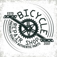 the logo for bicycle repair shop with gears and wrenches on white paper background illustration