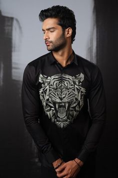 Black shirt with cutdana placement embroidery in 3D tiger face pattern. - Aza Fashions 3d Tiger, Placement Embroidery, Face Pattern, Tiger Face, Cotton Embroidery, Embroidered Shirt, Shirt Pattern, In 3d, Aza Fashion