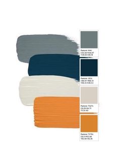 an image of paint swatches in shades of blue, orange and grey on white