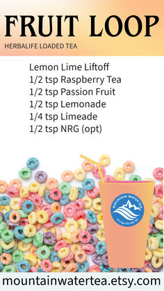 Fruit Loop Herbalife loaded tea recipe. Have a delicious, guilt-free Fruit Loop drink today with Lemon Lime Liftoff, Passion Fruit, Lemonade, and Limeade flavors. Herbalife Loaded Tea Recipes Diy, Herbalife Inspiration, Passion Fruit Lemonade, Refresher Drinks, Swig Drinks, Fruit Lemonade