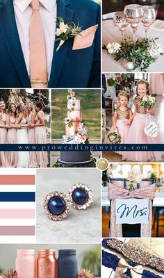 a collage of wedding colors and details including pink, blue, gold, and white