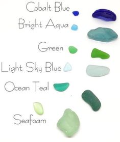 different sea glass colors and names on a white background with the words cobalt blue bright aqua green light sky blue ocean teal seafoam