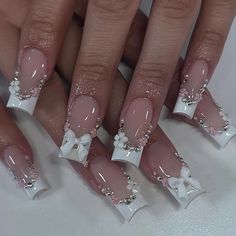 24pcs Diamond Designs Fake Nail Tips 3D Bowknot Decors Press On Nails White French Style Pink False Bad Nails, May Nails, Girly Acrylic Nails, French Tip Acrylic Nails, Cute Acrylic Nail Designs, Nails Set, Really Cute Nails, Long Acrylic, Nails French