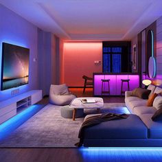 a living room filled with furniture and purple lighting on the walls, along with a flat screen tv