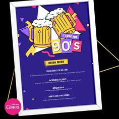 a flyer for the 90's party with two mugs of beer